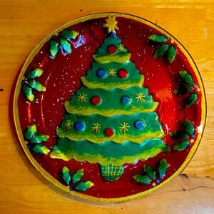 Vintage Christmas tree ceramic serving plate 14.5”